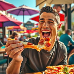 A joyful football superstar, resembling Cristiano Ronaldo, sitting at a stylish outdoor café, taking a big bite of a delicious slice of pizza