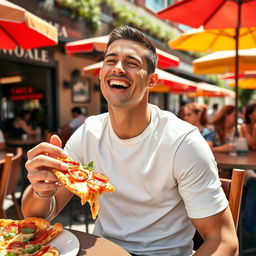 A joyful football superstar, resembling Cristiano Ronaldo, sitting at a stylish outdoor café, taking a big bite of a delicious slice of pizza