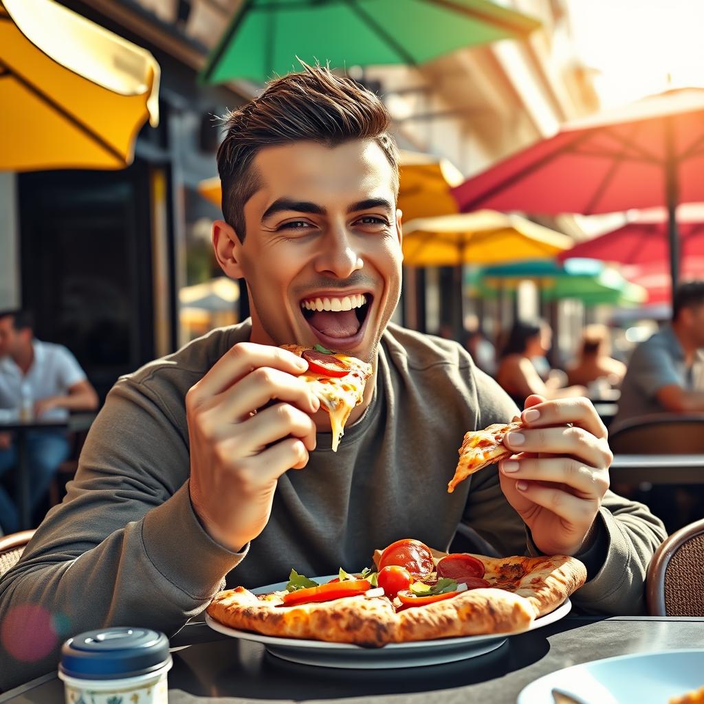 A joyful football superstar, resembling Cristiano Ronaldo, sitting at a stylish outdoor café, taking a big bite of a delicious slice of pizza