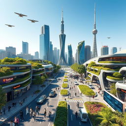 A futuristic view of Tehran in the year 2050, showcasing a vibrant cityscape with advanced architecture and greenery integrated into the urban environment