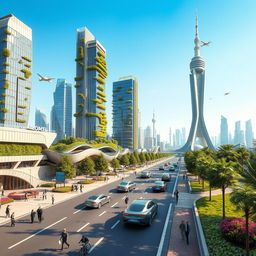 A futuristic view of Tehran in the year 2050, showcasing a vibrant cityscape with advanced architecture and greenery integrated into the urban environment