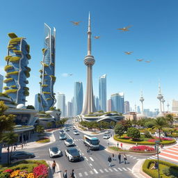 A futuristic view of Tehran in the year 2050, showcasing a vibrant cityscape with advanced architecture and greenery integrated into the urban environment