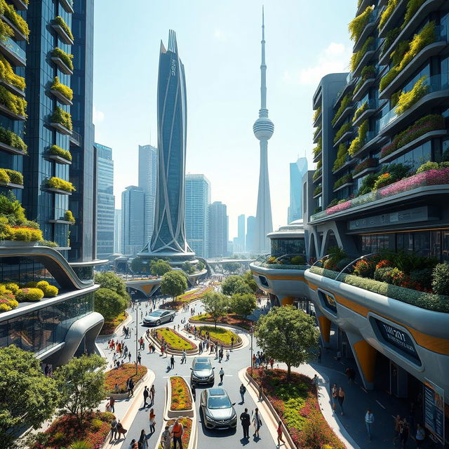 A futuristic view of Tehran in the year 2050, showcasing a vibrant cityscape with advanced architecture and greenery integrated into the urban environment