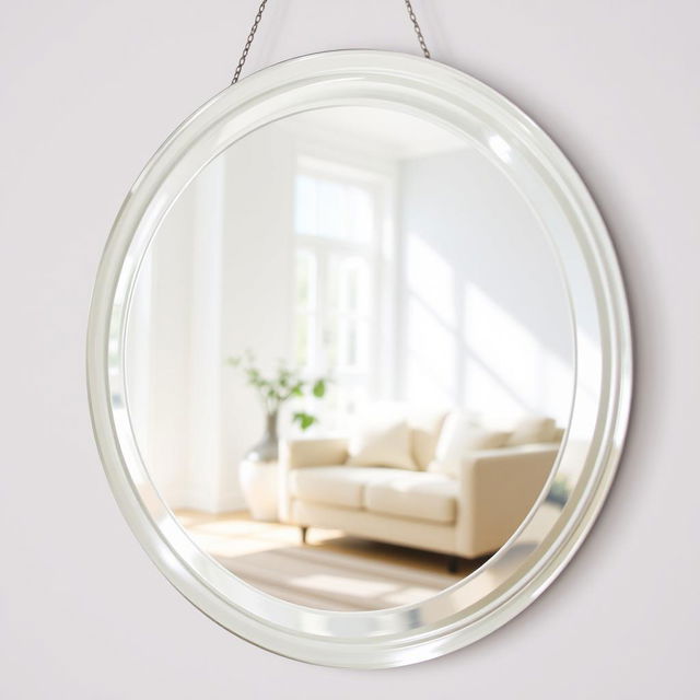 A beautifully clean mirror reflecting a bright and airy room, sunlight streaming through a large window, illuminating the space