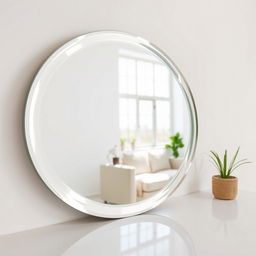 A beautifully clean mirror reflecting a bright and airy room, sunlight streaming through a large window, illuminating the space