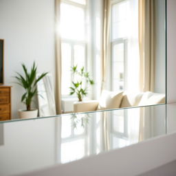 A beautifully clean mirror reflecting a bright and airy room, sunlight streaming through a large window, illuminating the space