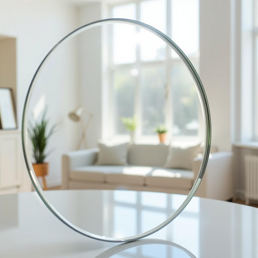 A beautifully clean mirror reflecting a bright and airy room, sunlight streaming through a large window, illuminating the space