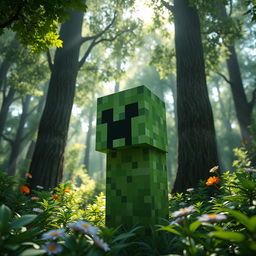 A realistic depiction of a Minecraft monster, specifically a Creeper, in a vibrant, lush green forest