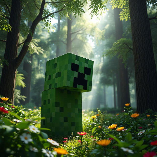 A realistic depiction of a Minecraft monster, specifically a Creeper, in a vibrant, lush green forest