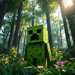 A realistic depiction of a Minecraft monster, specifically a Creeper, in a vibrant, lush green forest