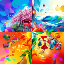An imaginative visual interpretation of a vibrant and colorful synthesis of four equal parts, symbolizing diversity and harmony