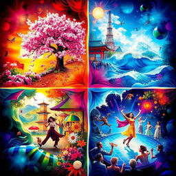 An imaginative visual interpretation of a vibrant and colorful synthesis of four equal parts, symbolizing diversity and harmony
