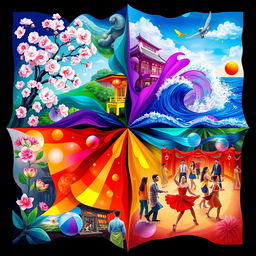 An imaginative visual interpretation of a vibrant and colorful synthesis of four equal parts, symbolizing diversity and harmony
