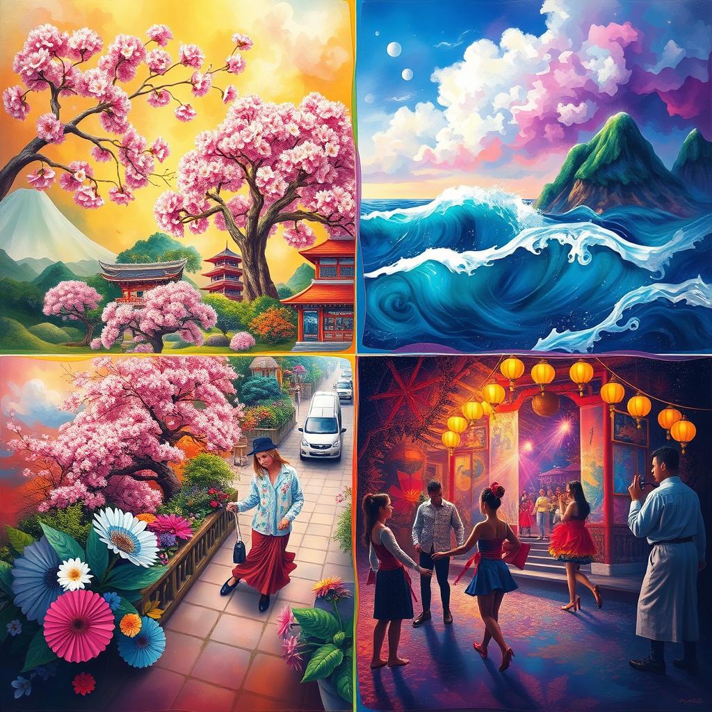 An imaginative visual interpretation of a vibrant and colorful synthesis of four equal parts, symbolizing diversity and harmony