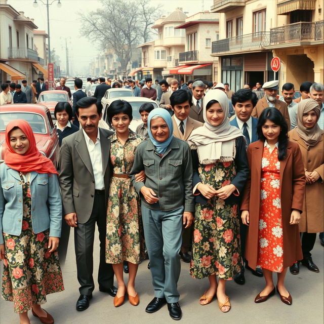 A nostalgic depiction of Iranian people's clothing from the 1960s, showcasing a variety of traditional and modern styles of that era