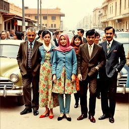 A nostalgic depiction of Iranian people's clothing from the 1960s, showcasing a variety of traditional and modern styles of that era