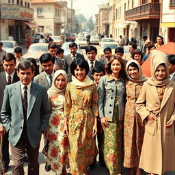 A nostalgic depiction of Iranian people's clothing from the 1960s, showcasing a variety of traditional and modern styles of that era