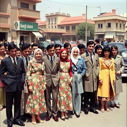 A nostalgic depiction of Iranian people's clothing from the 1960s, showcasing a variety of traditional and modern styles of that era