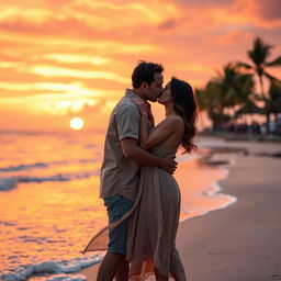 A romantic scene featuring a couple sharing a tender kiss under a beautiful sunset