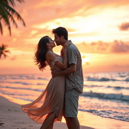 A romantic scene featuring a couple sharing a tender kiss under a beautiful sunset