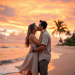 A romantic scene featuring a couple sharing a tender kiss under a beautiful sunset