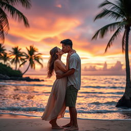 A romantic scene featuring a couple sharing a tender kiss under a beautiful sunset