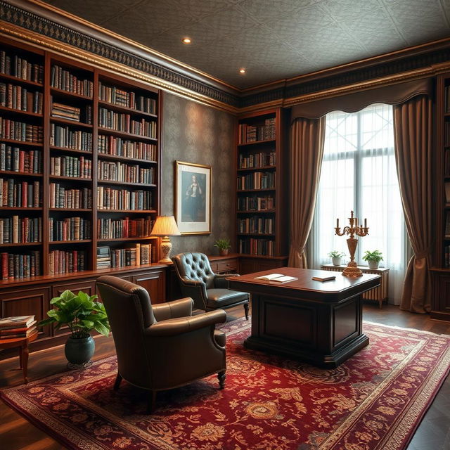 A luxurious 12 square meter study room designed for reading and studying, featuring elegant furnishings such as a plush leather chair and a large mahogany desk