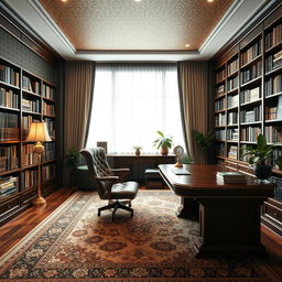 A luxurious 12 square meter study room designed for reading and studying, featuring elegant furnishings such as a plush leather chair and a large mahogany desk