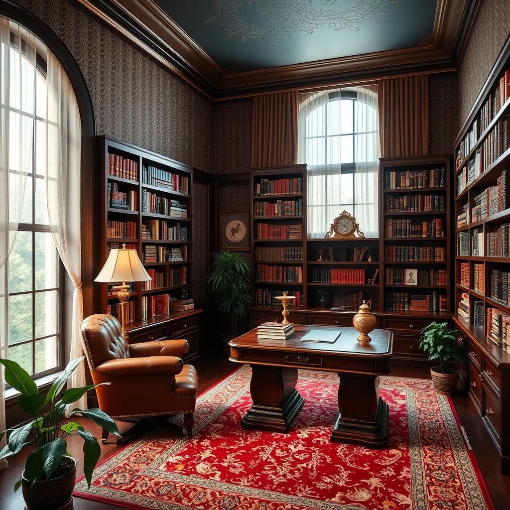 A luxurious 12 square meter study room designed for reading and studying, featuring elegant furnishings such as a plush leather chair and a large mahogany desk