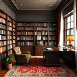 A luxurious 12 square meter study room designed for reading and studying, featuring elegant furnishings such as a plush leather chair and a large mahogany desk
