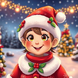 A festive character wearing a colorful Christmas hat and a matching Christmas outfit, complete with decorative patterns like snowflakes and holly