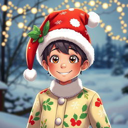 A festive character wearing a colorful Christmas hat and a matching Christmas outfit, complete with decorative patterns like snowflakes and holly