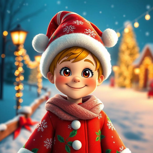 A festive character wearing a colorful Christmas hat and a matching Christmas outfit, complete with decorative patterns like snowflakes and holly