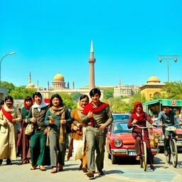 A vibrant scene depicting the everyday life of Iranian people in the 1970s, showcasing diverse individuals engaging in traditional activities
