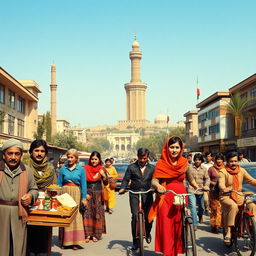 A vibrant scene depicting the everyday life of Iranian people in the 1970s, showcasing diverse individuals engaging in traditional activities