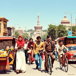 A vibrant scene depicting the everyday life of Iranian people in the 1970s, showcasing diverse individuals engaging in traditional activities