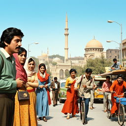 A vibrant scene depicting the everyday life of Iranian people in the 1970s, showcasing diverse individuals engaging in traditional activities