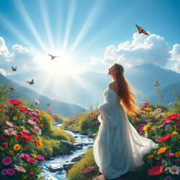 A serene and ethereal landscape depicting a heavenly garden