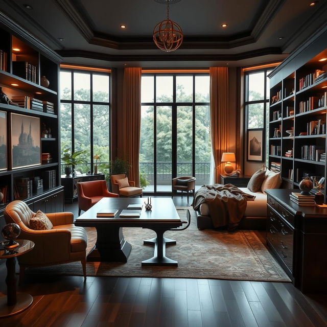 A luxurious study room featuring a modern design with elegant furniture