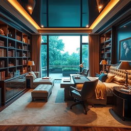 A luxurious study room featuring a modern design with elegant furniture