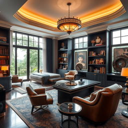 A luxurious study room featuring a modern design with elegant furniture