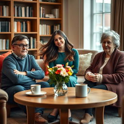 Three people sitting around a round coffee table in a cozy and elegant living room, with soft lighting creating a warm atmosphere