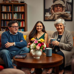 Three people sitting around a round coffee table in a cozy and elegant living room, with soft lighting creating a warm atmosphere