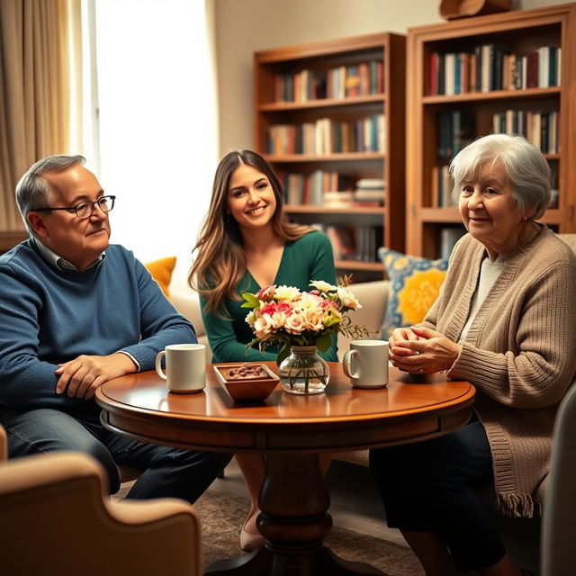 Three people sitting around a round coffee table in a cozy and elegant living room, with soft lighting creating a warm atmosphere