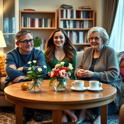 Three people sitting around a round coffee table in a cozy and elegant living room, with soft lighting creating a warm atmosphere