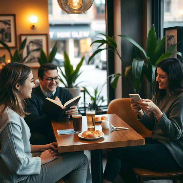 Three friends casually sitting around a wooden coffee table inside a cozy cafe