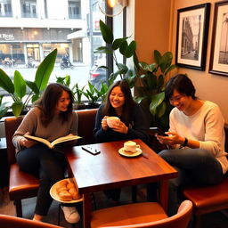 Three friends casually sitting around a wooden coffee table inside a cozy cafe
