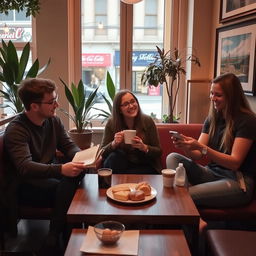 Three friends casually sitting around a wooden coffee table inside a cozy cafe