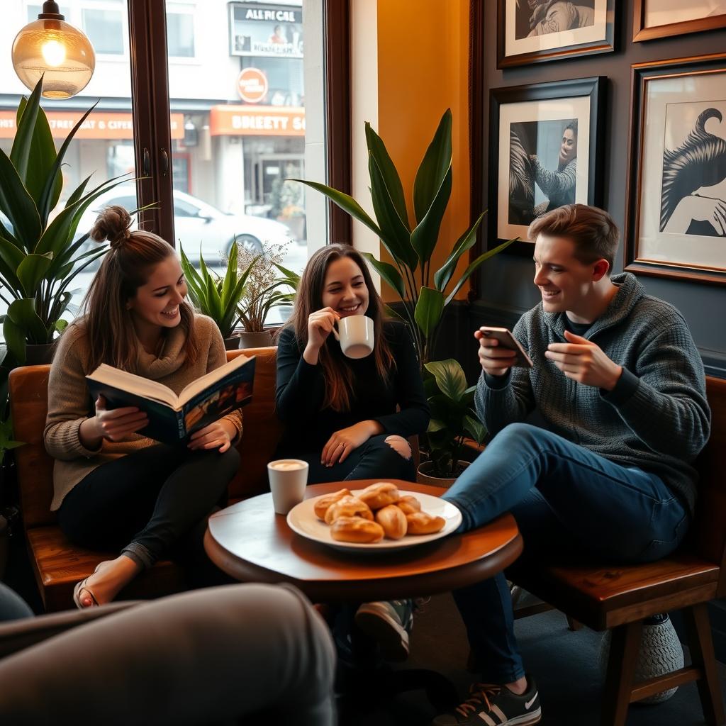 Three friends casually sitting around a wooden coffee table inside a cozy cafe