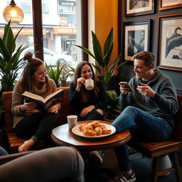 Three friends casually sitting around a wooden coffee table inside a cozy cafe